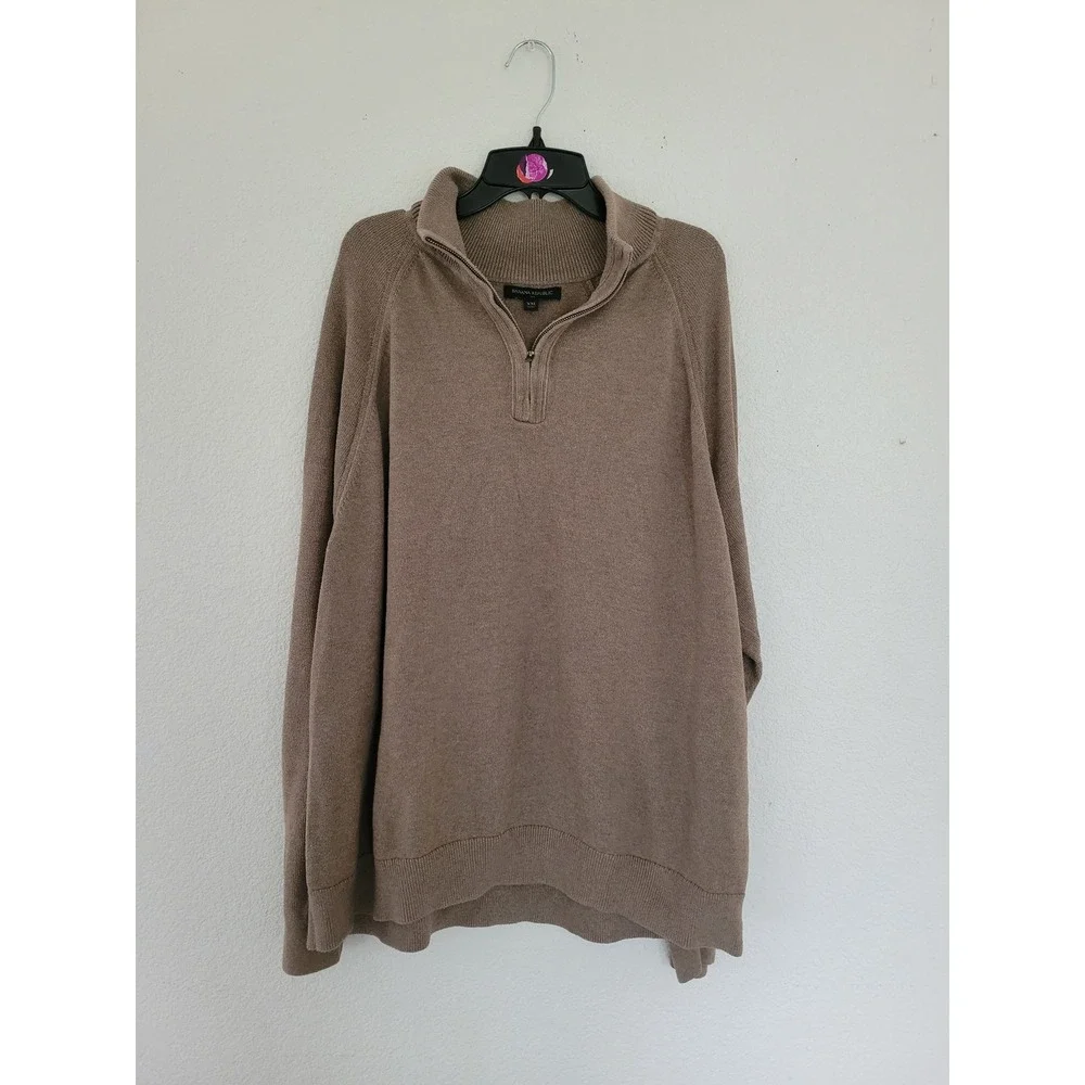 Banana Republic Mens XXL Quarter Zip Sweater Brown Cotton Blend Pullover #22‎